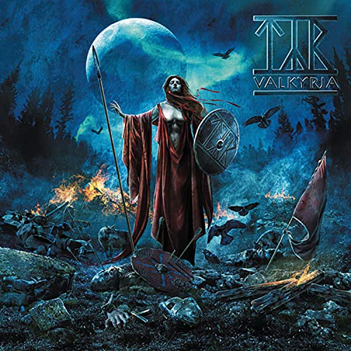 Valkyrja album cover: warrior woman with spear, shield, and battlefield scene.