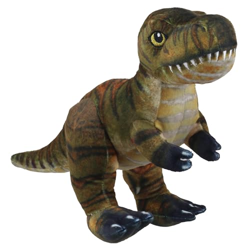 Plush Tyrannosaurus Rex toy with brown and green striped pattern.