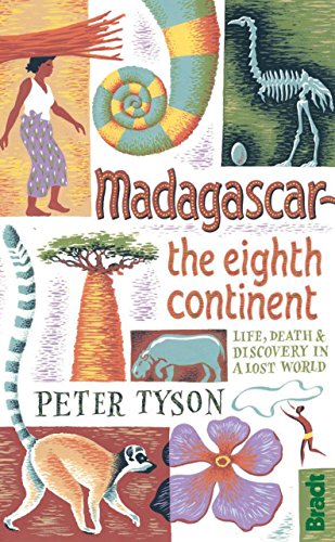 Book cover with illustrations of lemurs, fossils, plants, and a person.