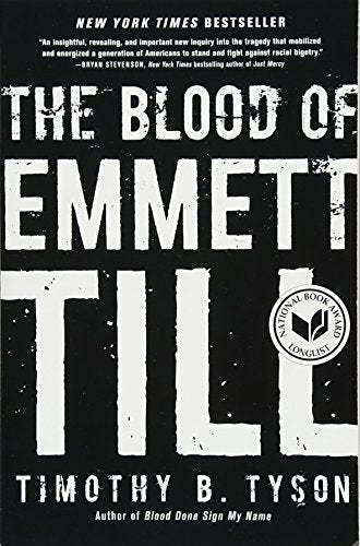 Book cover: "The Blood of Emmett Till" by Timothy B. Tyson, dark background.