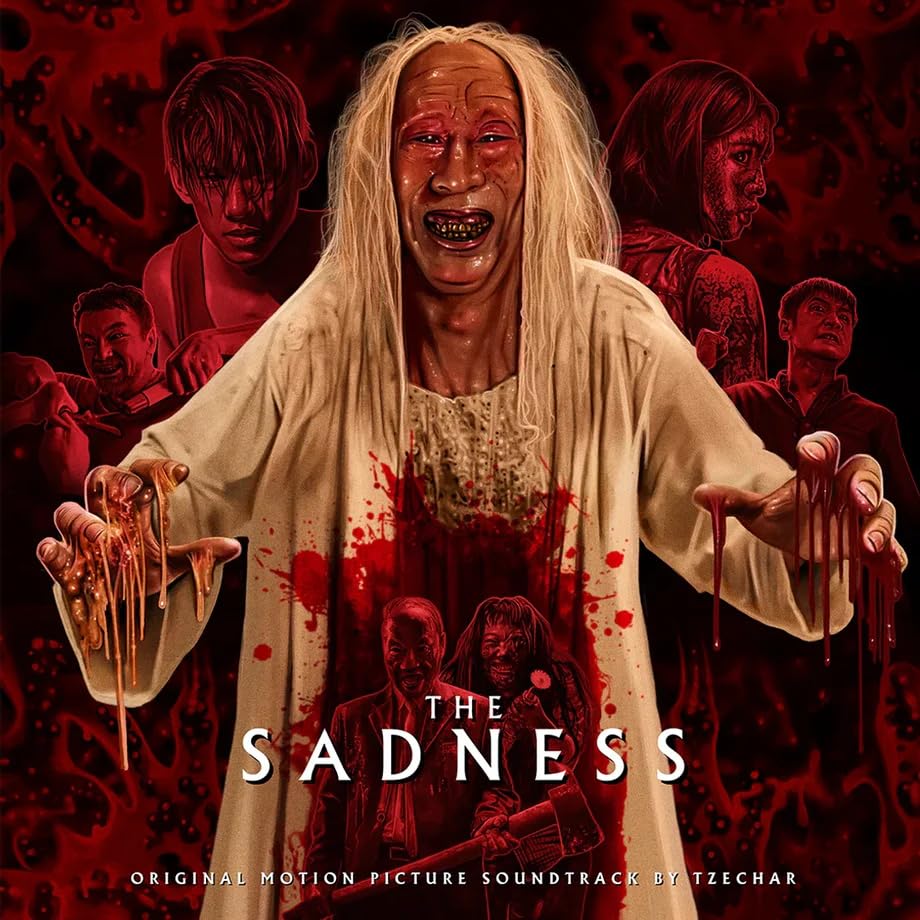 Horror movie soundtrack album cover featuring a distressed woman and blood splatter.
