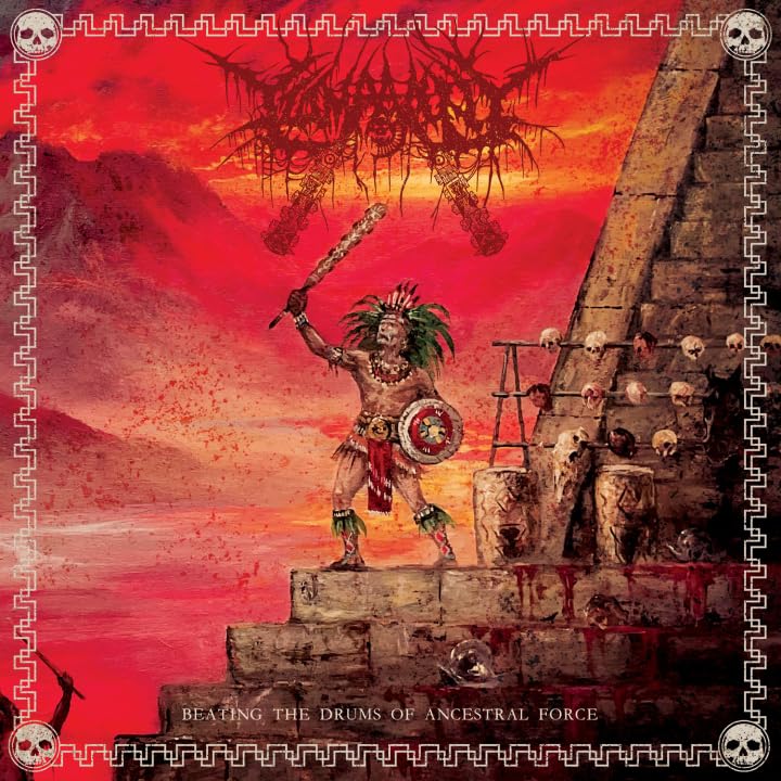 Aztec warrior with club and shield standing on a stepped pyramid against red sky.