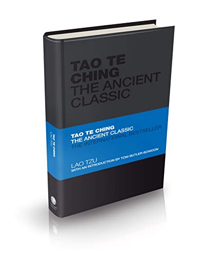 Hardcover book titled Tao Te Ching with black cover and blue horizontal band.