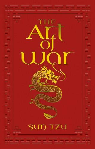 Red book cover with gold text The Art of War, Sun Tzu, and dragon.