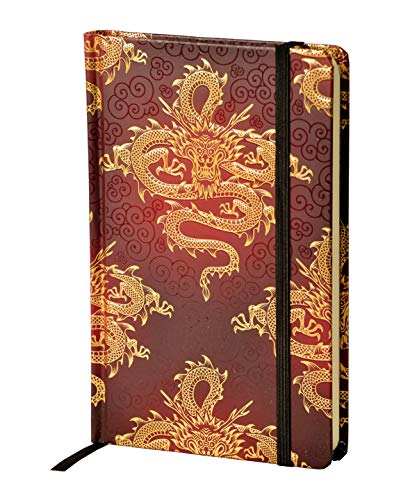 Red notebook with gold dragon design and black elastic closure.