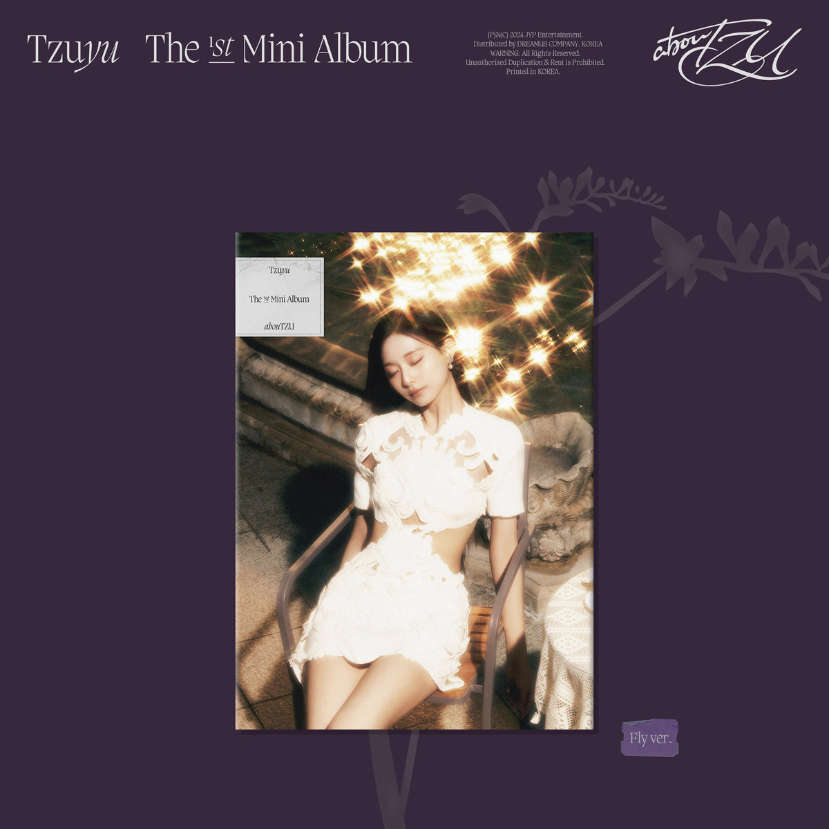 TZUYU album cover, blurred portrait with floral design, purple background.