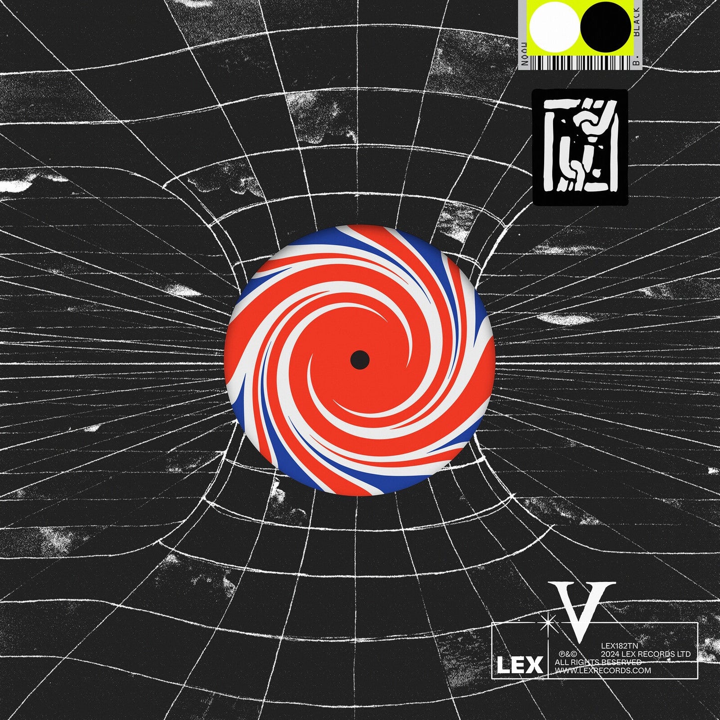 Vinyl record cover: swirling red and white spiral against a black, starry background.