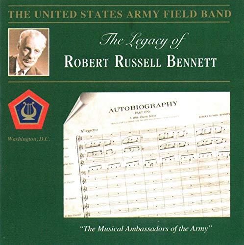 "CD cover with green background, sheet music, and portrait of Robert Russell Bennett."