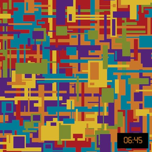 Abstract pattern of overlapping colorful rectangles with a digital clock reading 06:45.