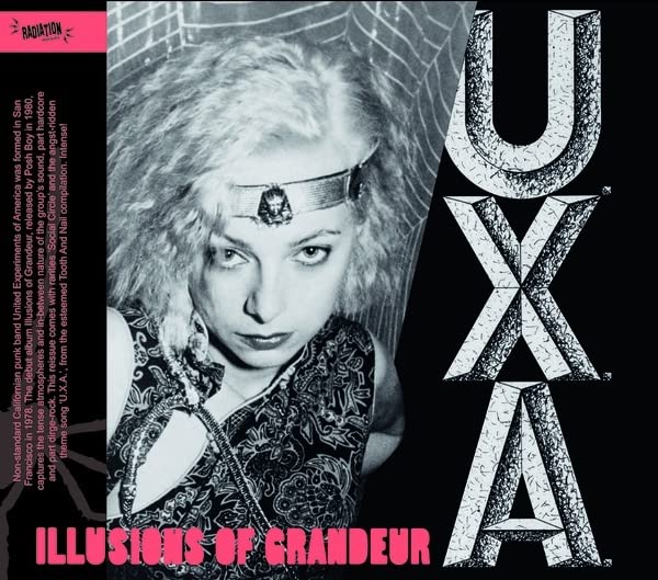 Black and white portrait of a woman wearing a headband, with U.X.A. text overlay.