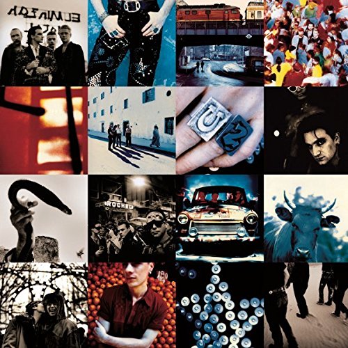 "U2 album cover featuring a 4x4 grid collage of various surreal images and scenes."