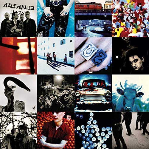 Grid of sixteen diverse photos including band members, a car, a cow, and objects.
