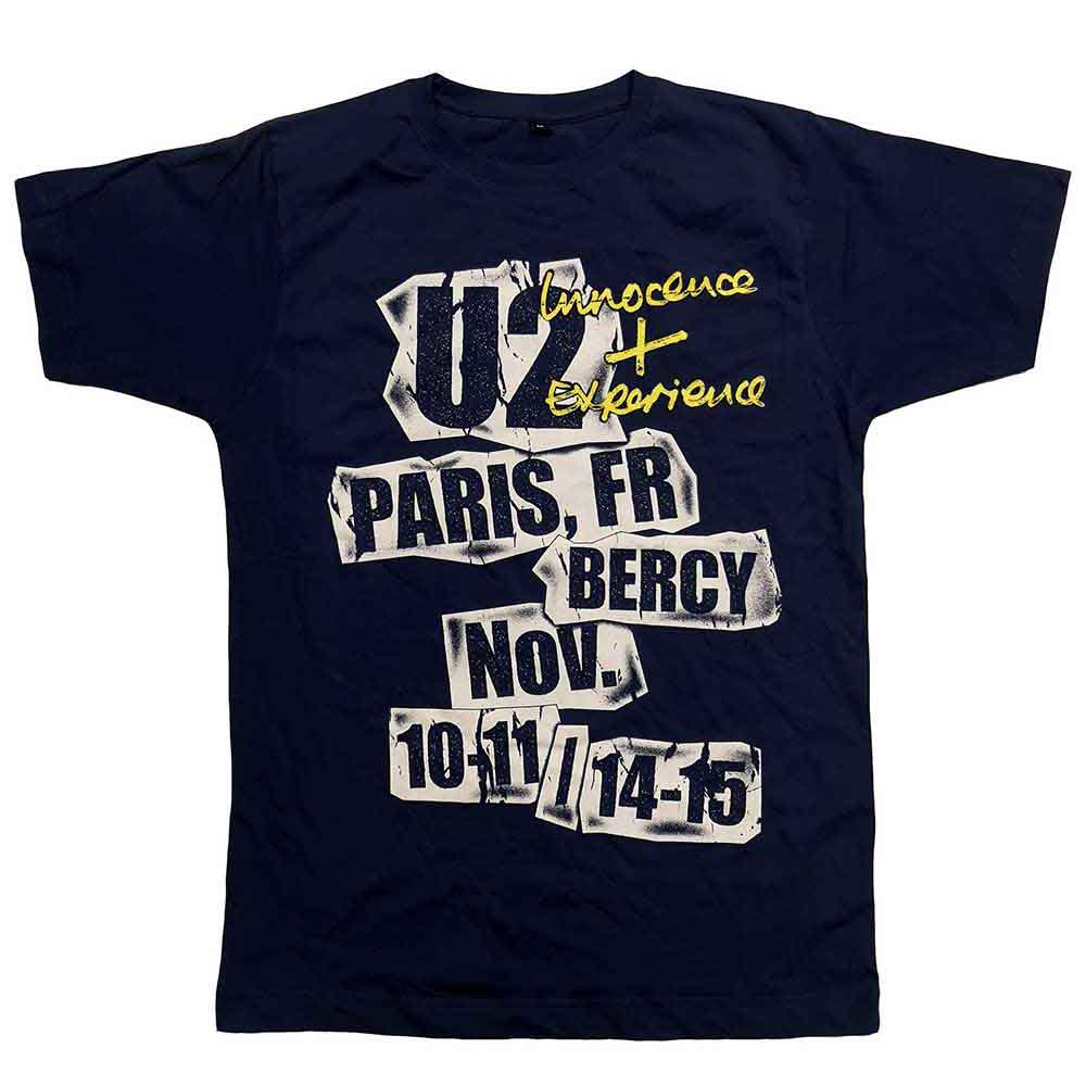 Dark navy U2 tour t-shirt with Paris event details printed on front.