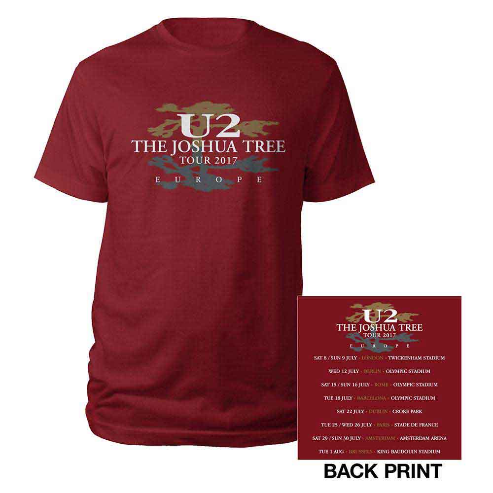 Red U2 t-shirt with "The Joshua Tree Tour 2017" graphic.
