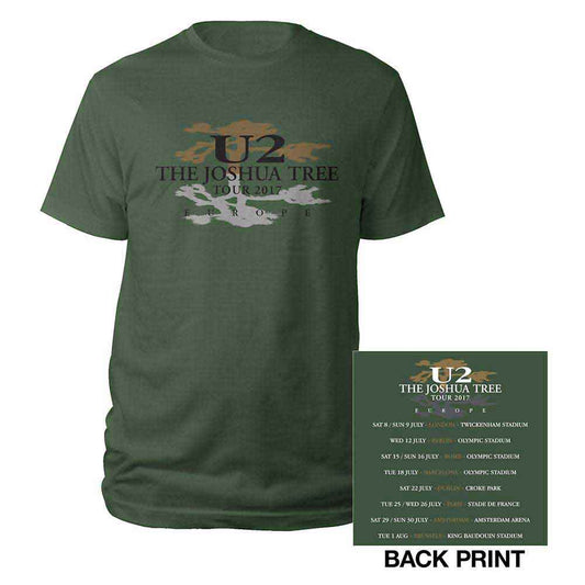 Green U2 t-shirt with Joshua Tree logo, worn by a man.