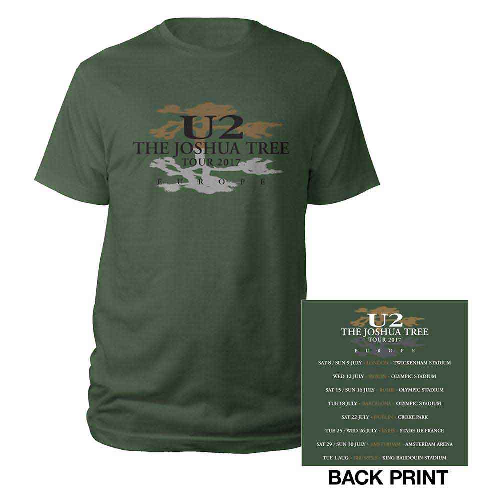 Green U2 t-shirt with Joshua Tree logo, worn by a man.