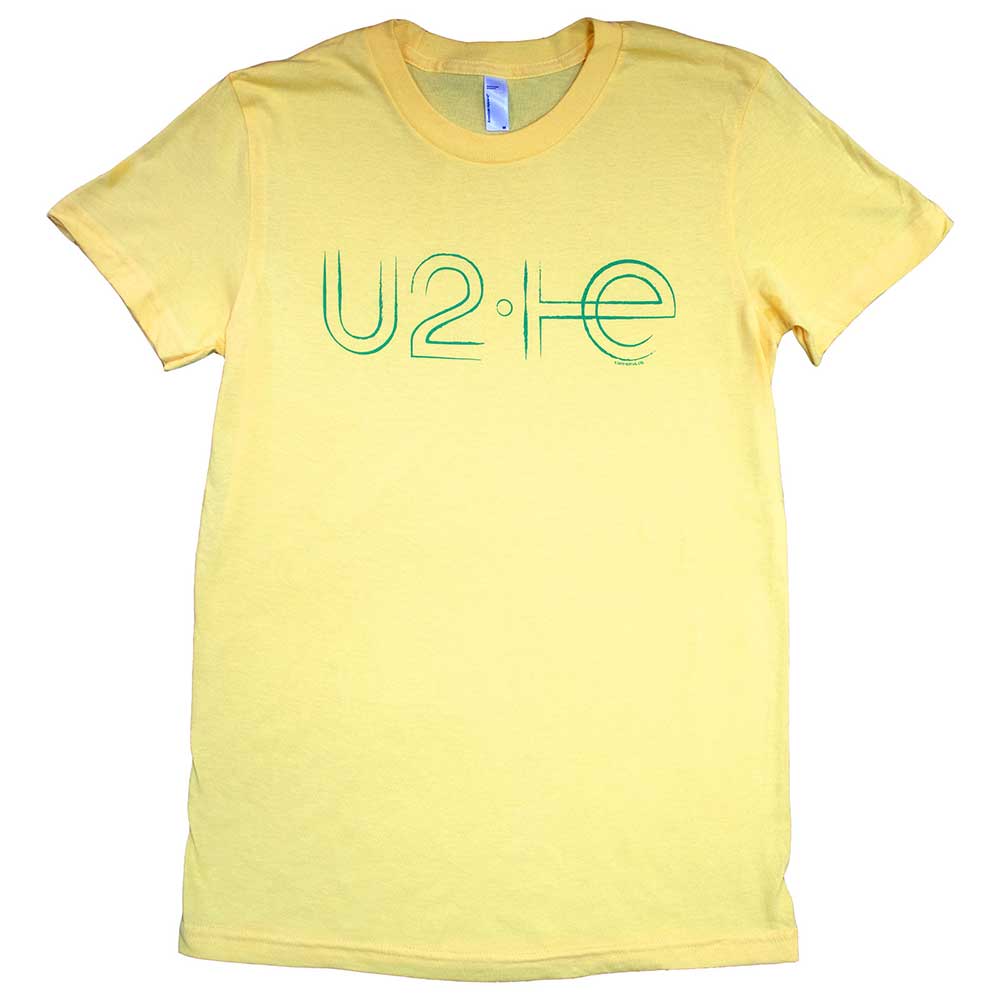 Pale yellow U2 t-shirt with green band logo graphic.