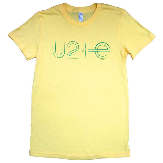 Pale yellow U2 t-shirt with green band logo graphic.