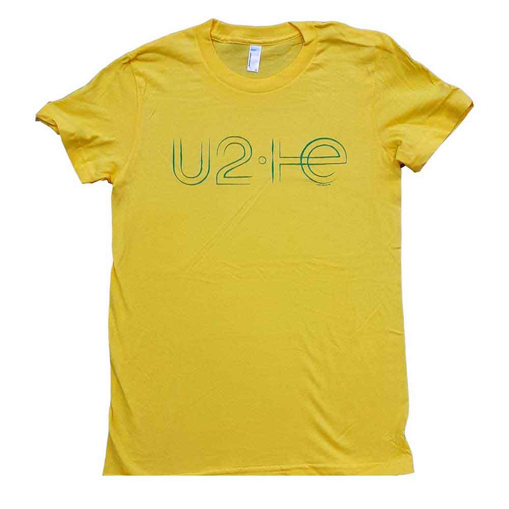 Yellow U2 ladies t-shirt with green “U2+E” logo graphic.