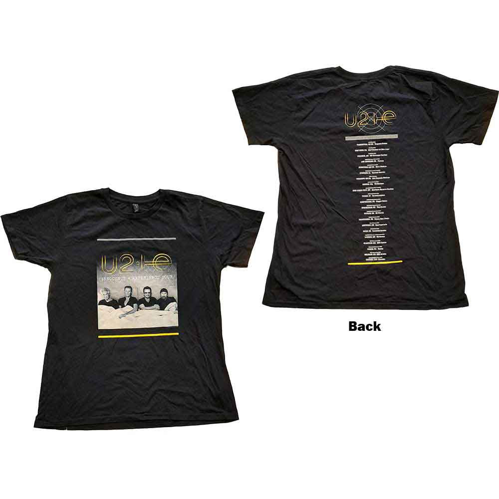 Black U2 ladies' t-shirt with a back print of a bed and tour imagery.