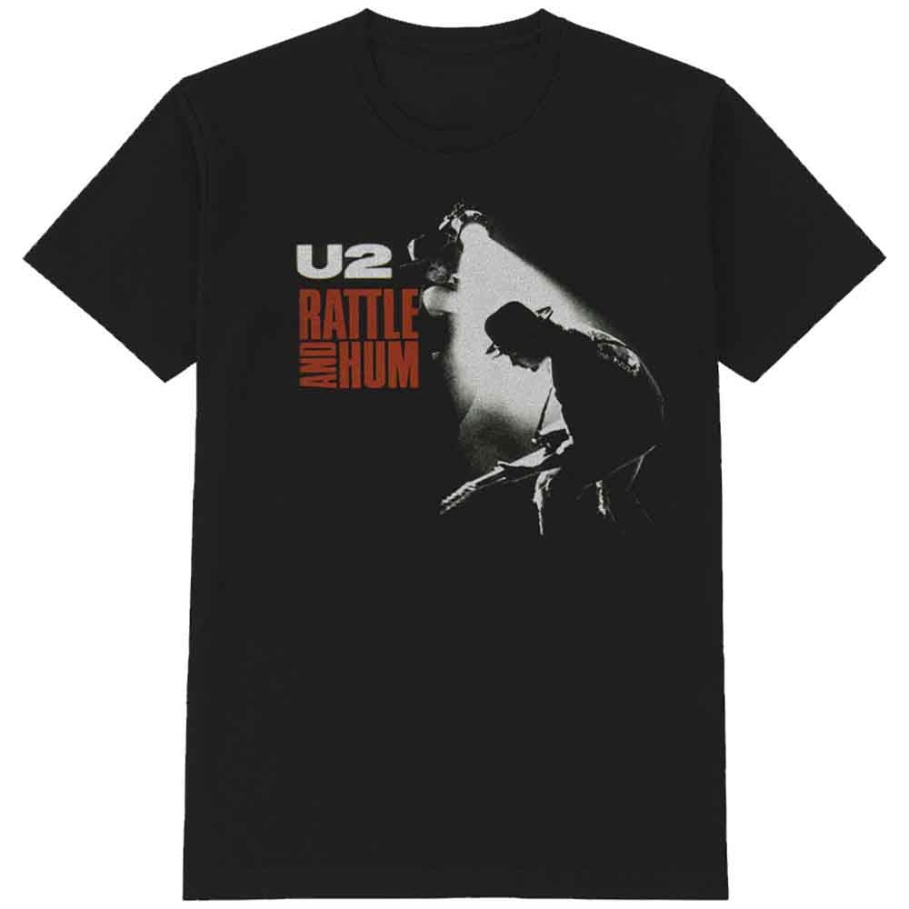 Black t-shirt featuring a U2 Rattle and Hum graphic with a guitarist in spotlight.