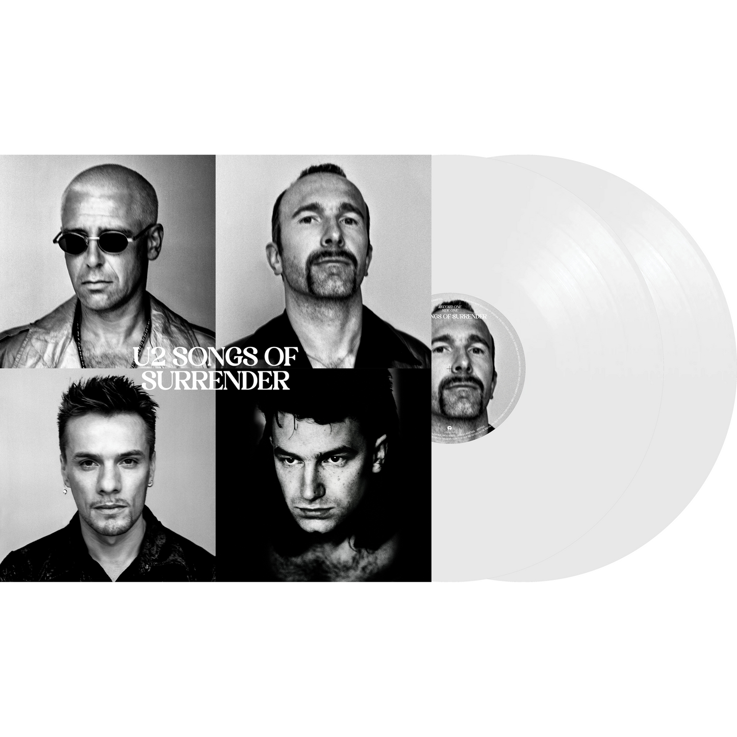 "U2 vinyl record album cover with white vinyl and black-and-white band member portraits."