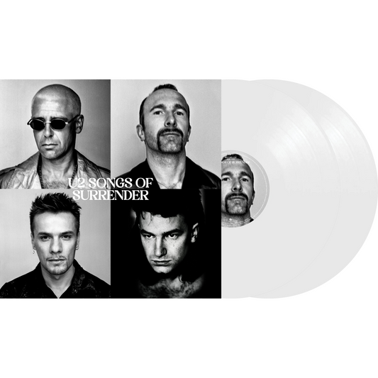 "U2 vinyl record album cover with white vinyl and black-and-white band member portraits."