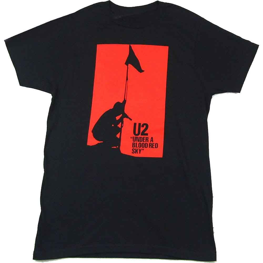 Black T-shirt with red rectangular graphic featuring a silhouette holding a flag, U2 text.