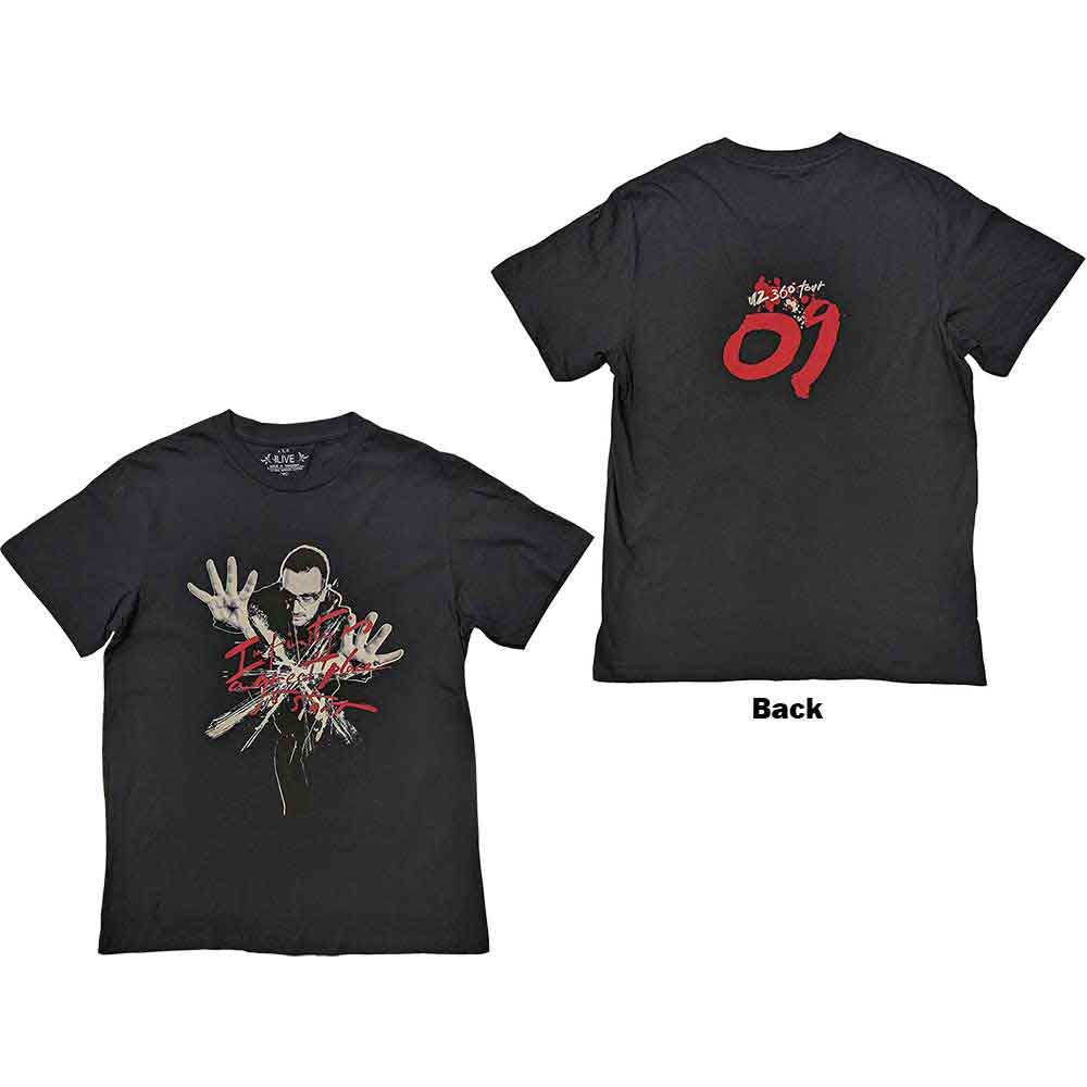 Black U2 tour t-shirt, large size, with back and front graphics.