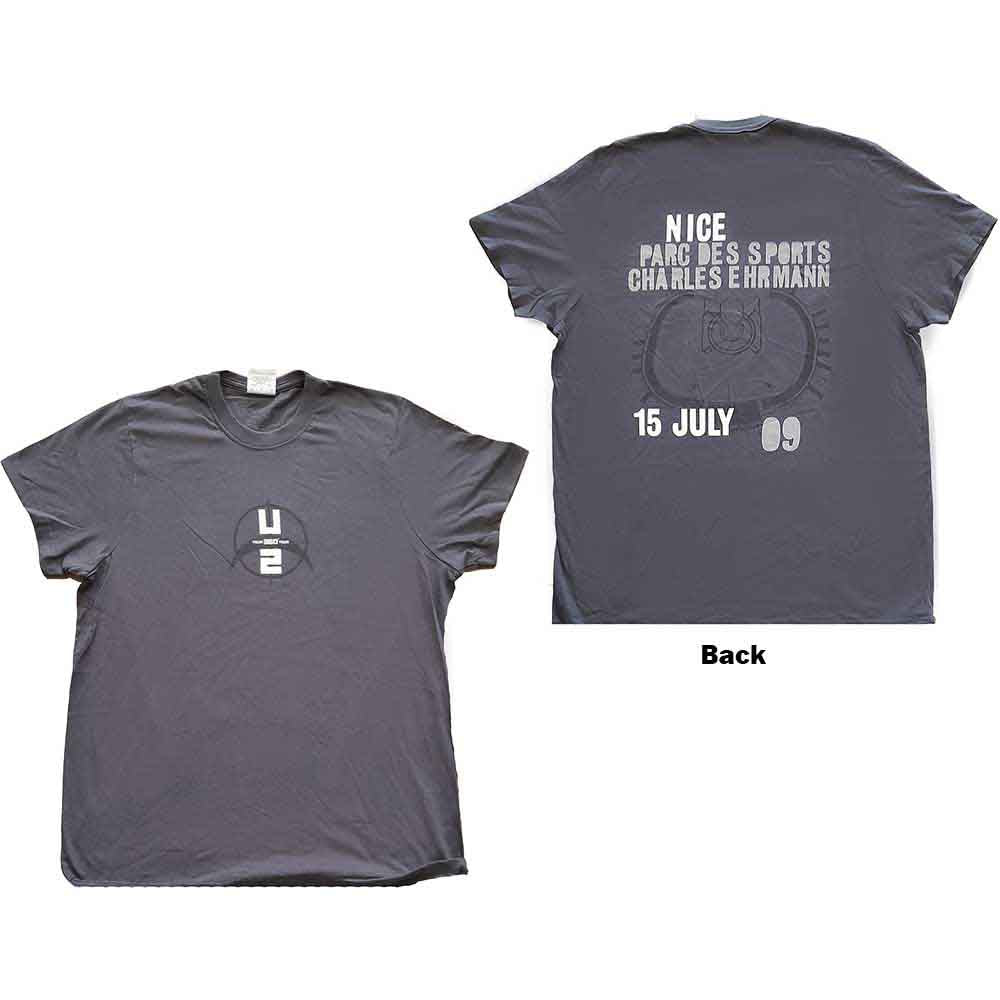 Black unisex T-shirt featuring U2 360 Degree Tour Nice 2009 graphics on the back.