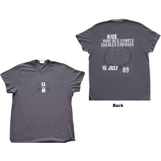 Black unisex T-shirt featuring U2 360 Degree Tour Nice 2009 graphics on the back.