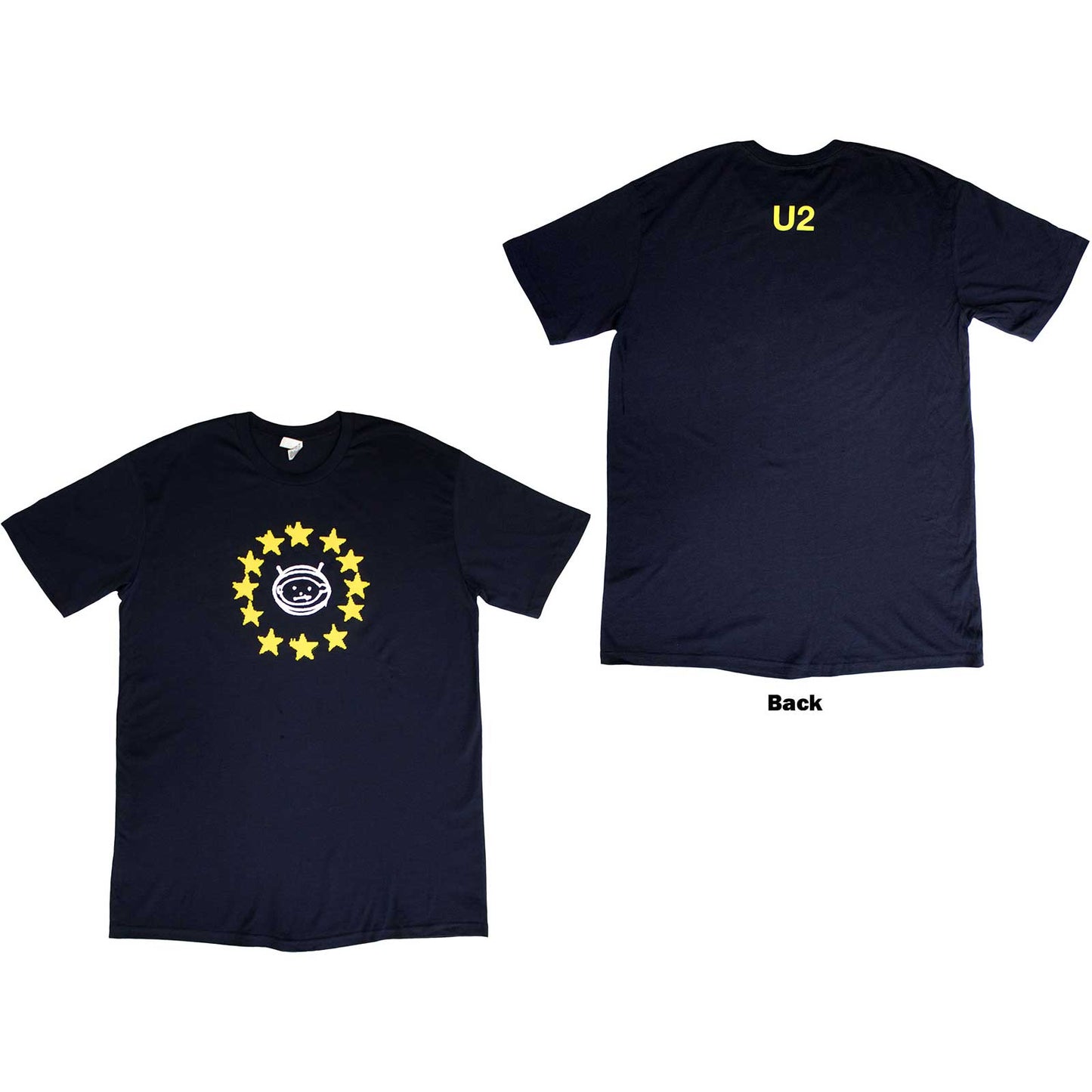 Black U2 t-shirt with EU Stars Tour 2018 design, size large.