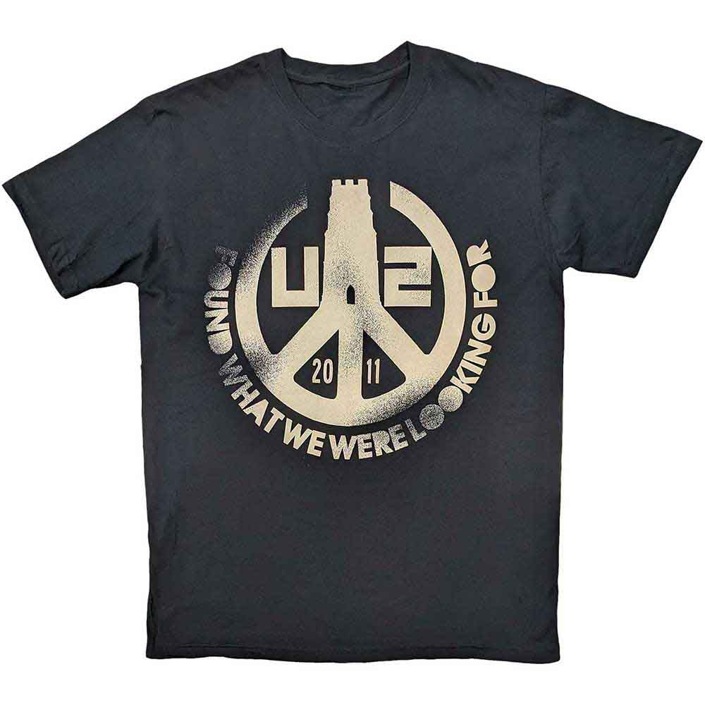 Medium, black U2 tour t-shirt with white “Found What We Were Looking For” text.