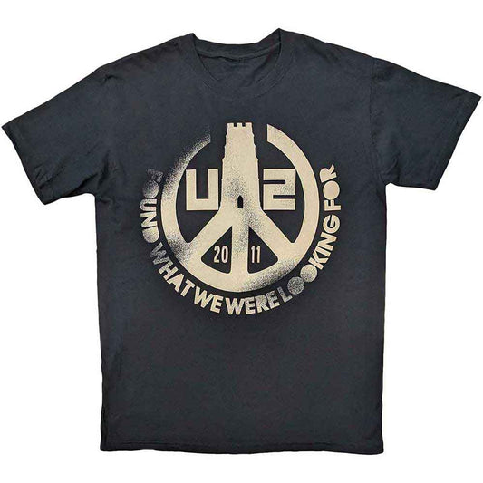 Medium, black U2 tour t-shirt with white “Found What We Were Looking For” text.