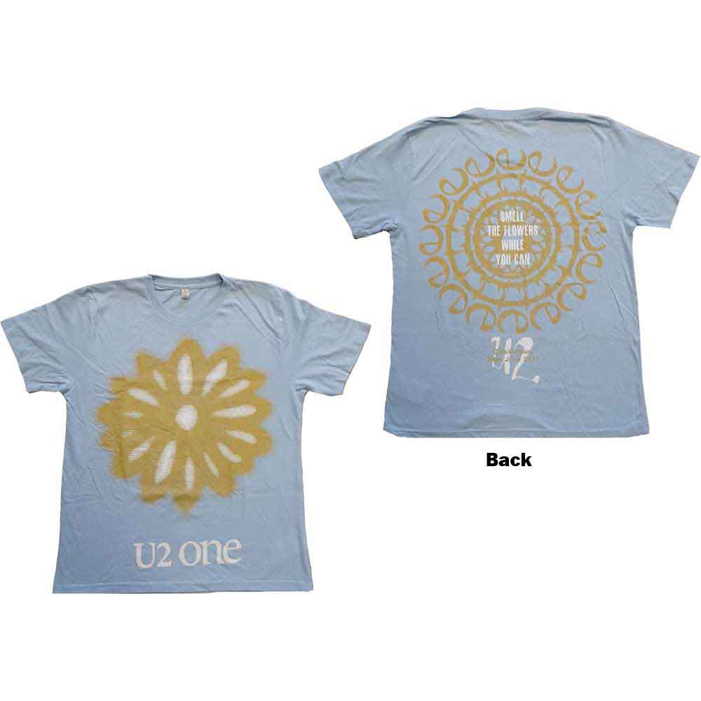 Light blue U2 t-shirt with yellow flower designs, front and back.