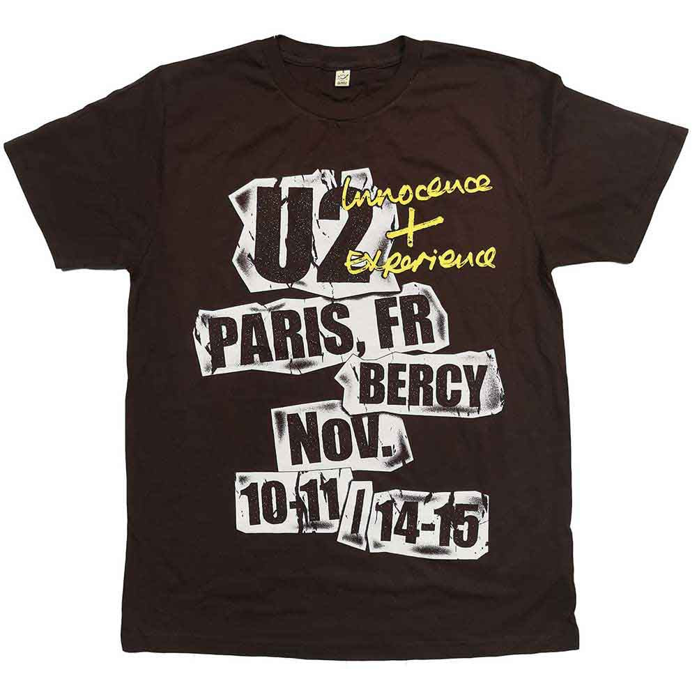 Black U2 t-shirt with white and yellow Paris concert graphic on back.