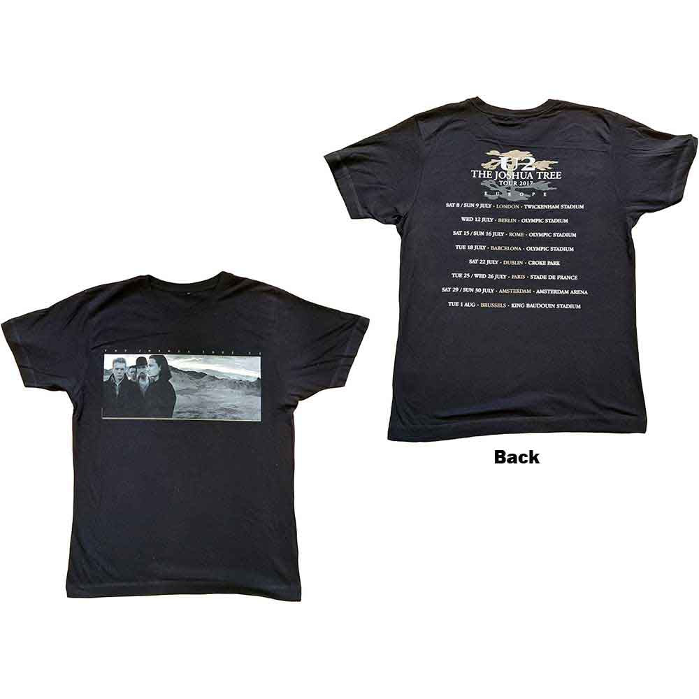 Black U2 t-shirt with large Joshua Tree album cover photo on the back.