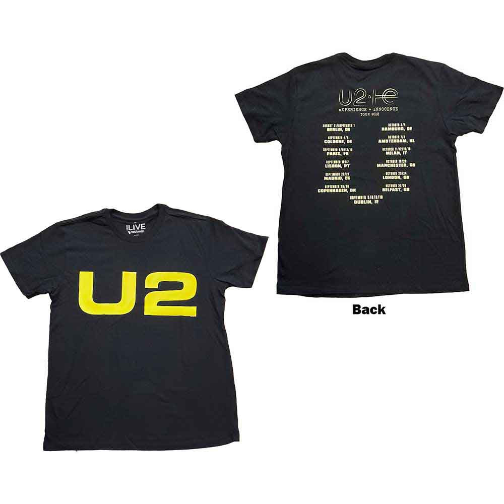 Black U2 t-shirt with 2018 tour logo printed on the back, size XX-Large.