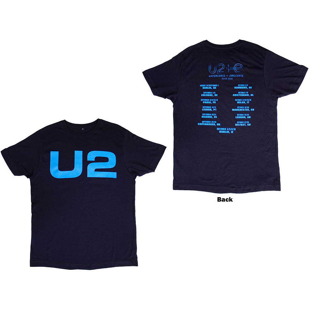 Black U2 t-shirt with 2018 tour dates logo printed on the back.
