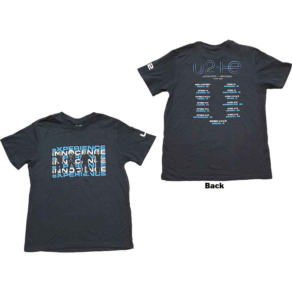 Black U2 t-shirt, small size, with repeat logo printed on the back.