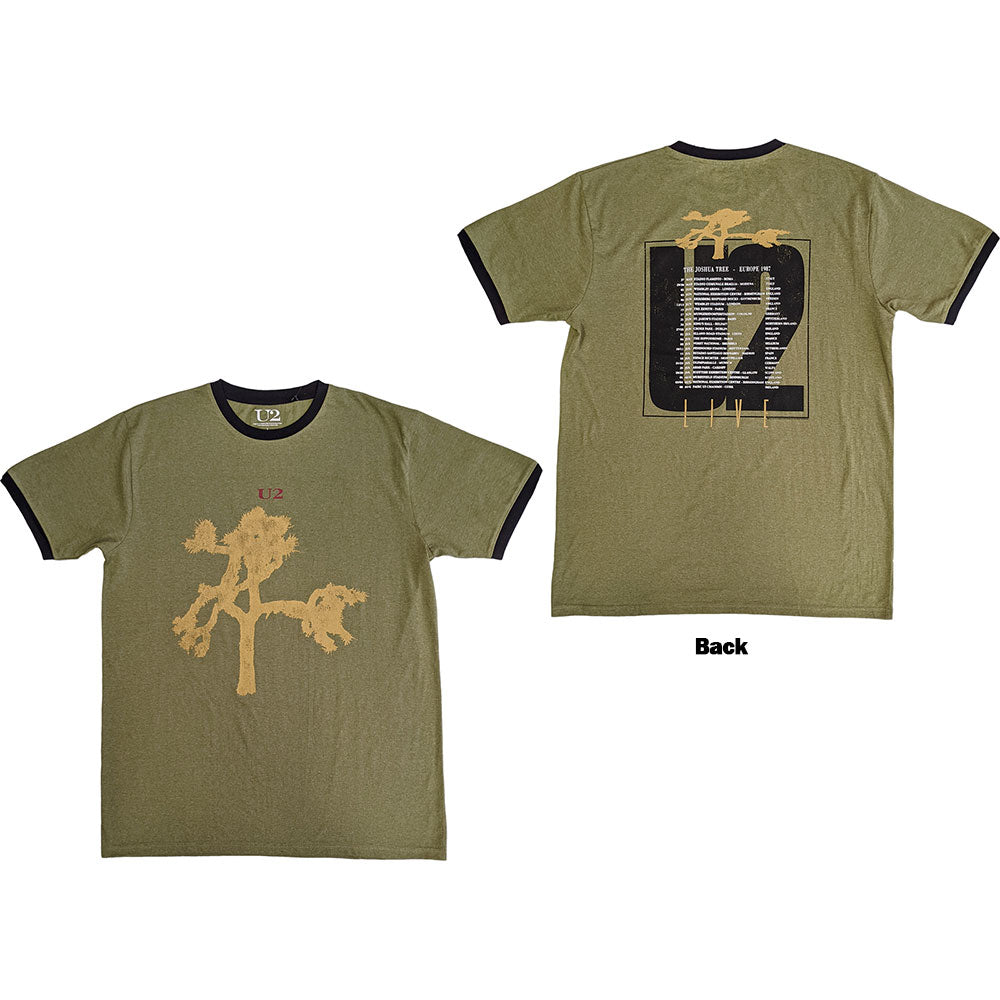 Unisex white ringer t-shirt with black trim featuring U2 Joshua Tree 1987 back print.