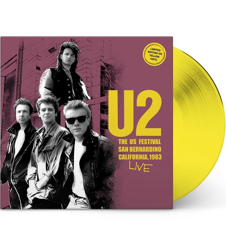 U2 album cover featuring band photo and yellow vinyl record.
