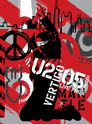 U2 Vertigo 2005 DVD cover: Bono in silhouette with abstract red and gray design.