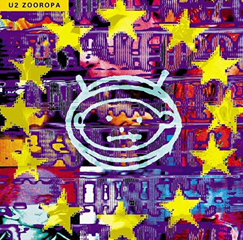 U2 Zooropa album cover with yellow stars over a distorted, colorful, glitchy background image.