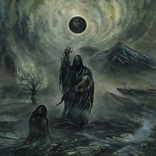 Dark fantasy painting of a hooded figure beneath a clouded sun.