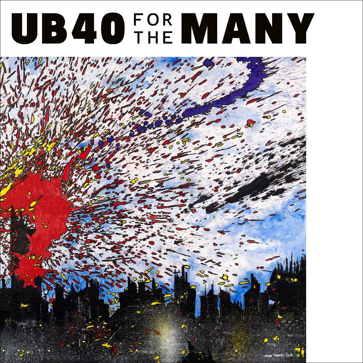 "Album cover with 'UB40 FOR THE MANY' text, abstract cityscape, and colorful splatter design."