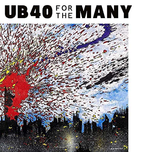 "Album cover with 'UB40 For The Many' text and abstract cityscape with splattered paint."