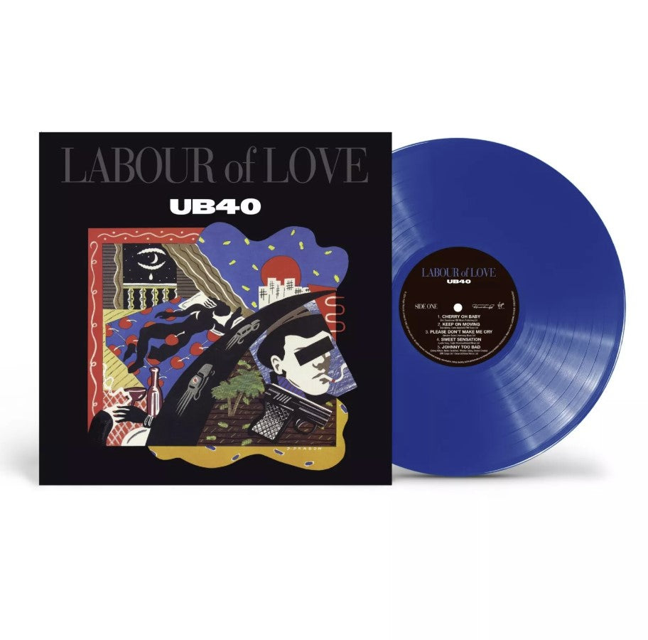 UB40’s “Labour of Love” vinyl album cover with abstract, colorful artwork.