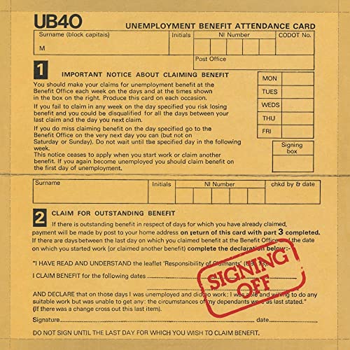 UB40 “Signing Off” vinyl record cover, designed like a UK unemployment form.