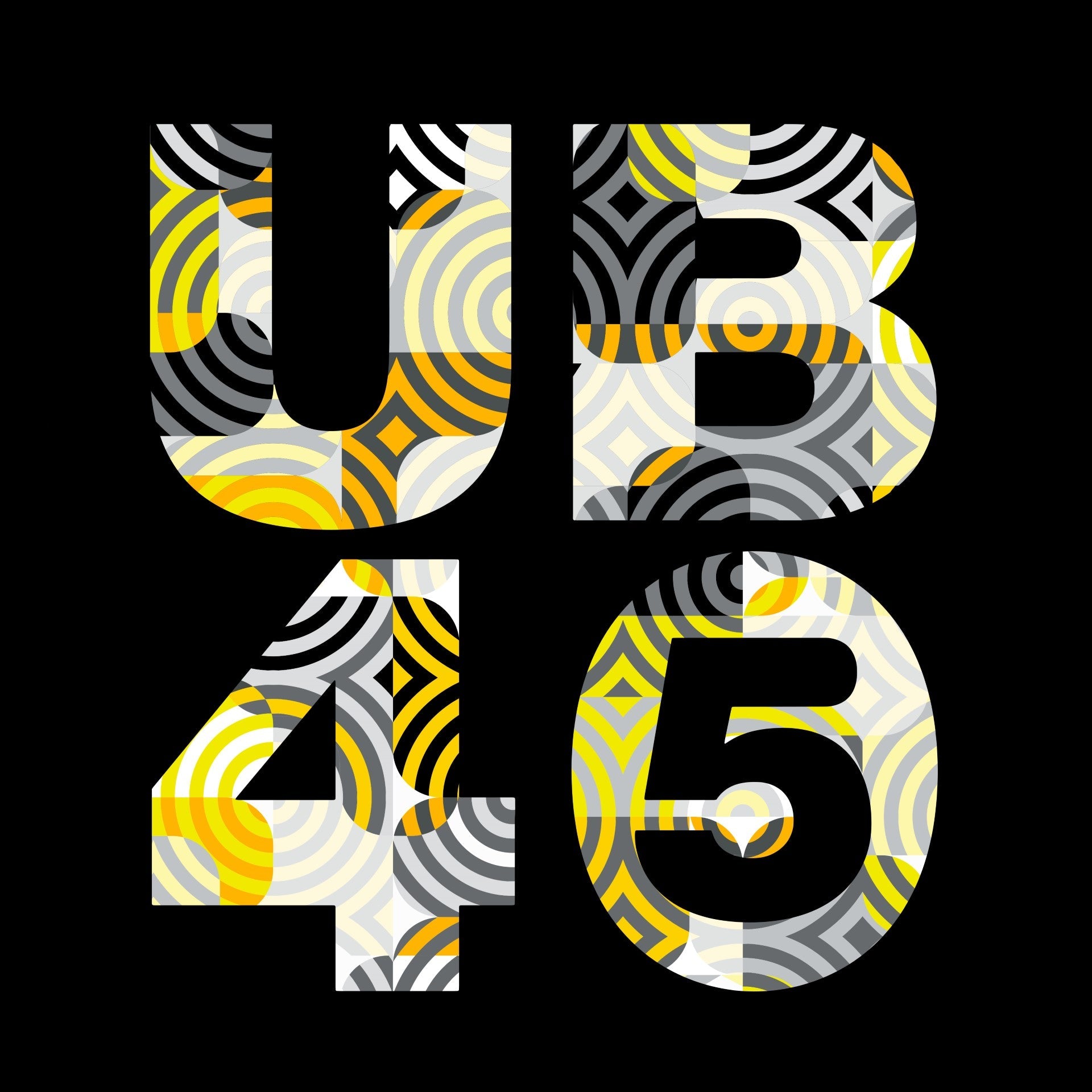 Black background with large UB45 text in yellow, white, gray and black pattern.
